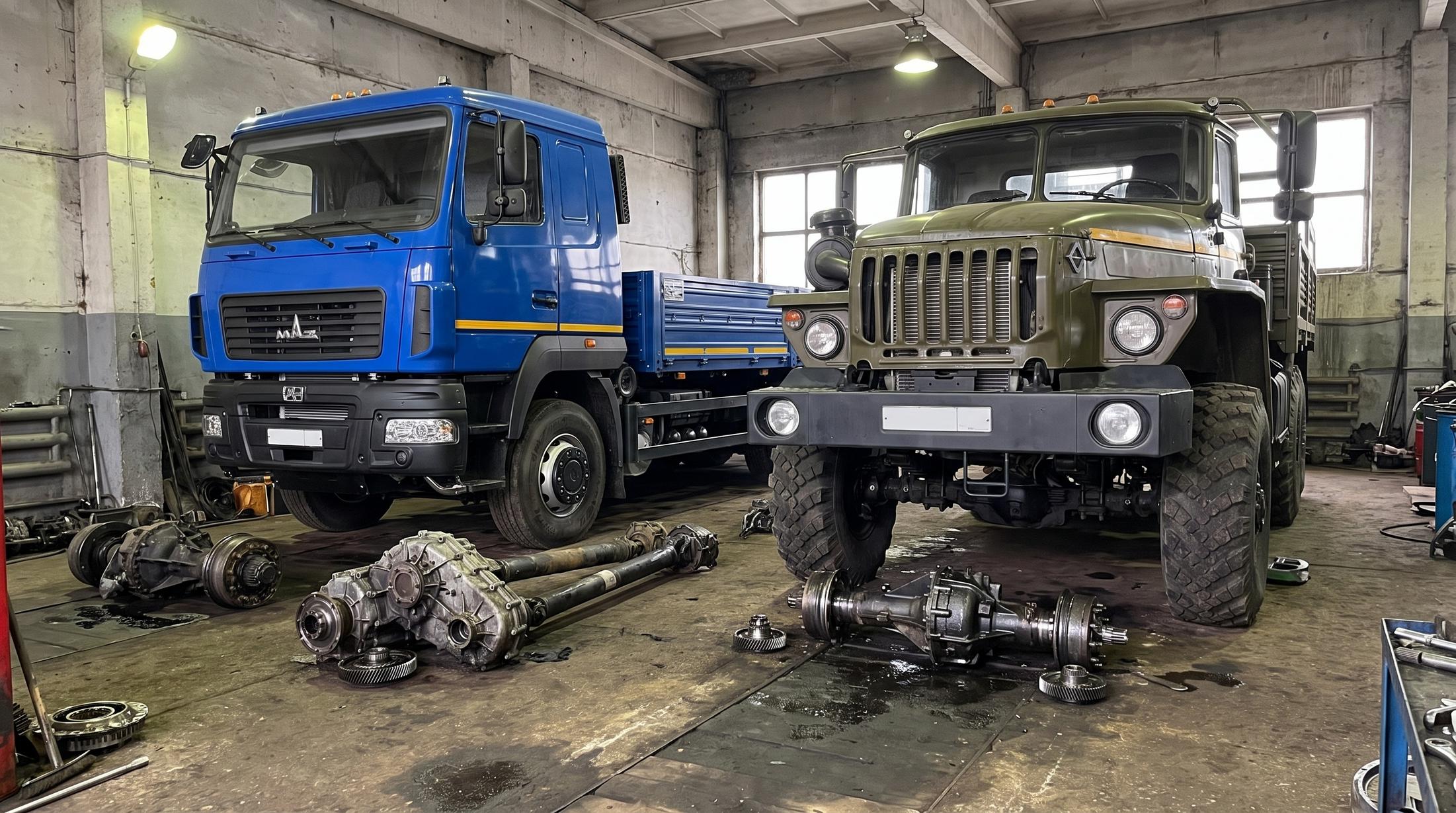 Грузовики МАЗ и Урал с трансмиссией ЯМЗ-236 в ремонте